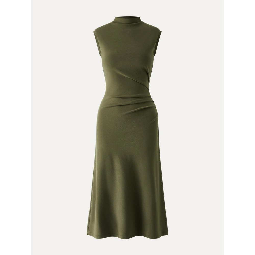 OGL Mockneck Tucks Midi Dress Olive Green Sleeveless Size M